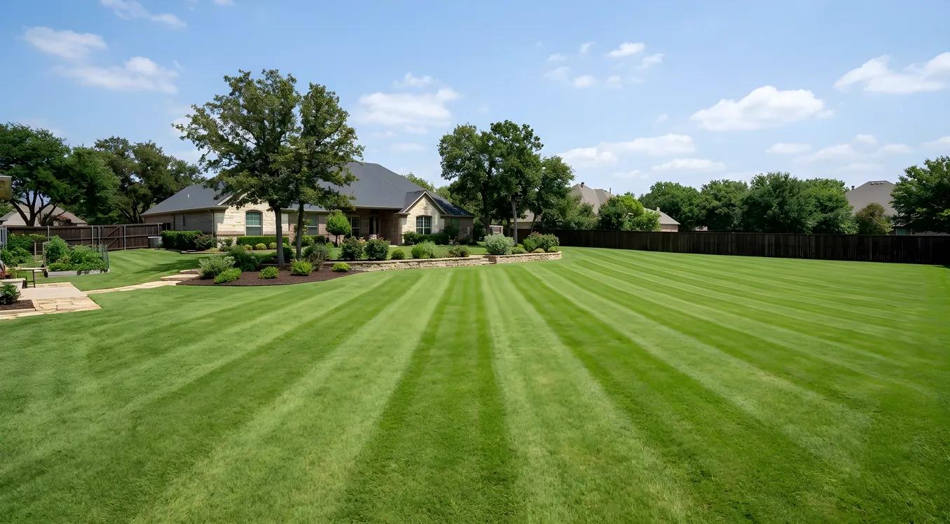 Large striped backyard lawn with landscaped garden beds beside a stone house and wood fence