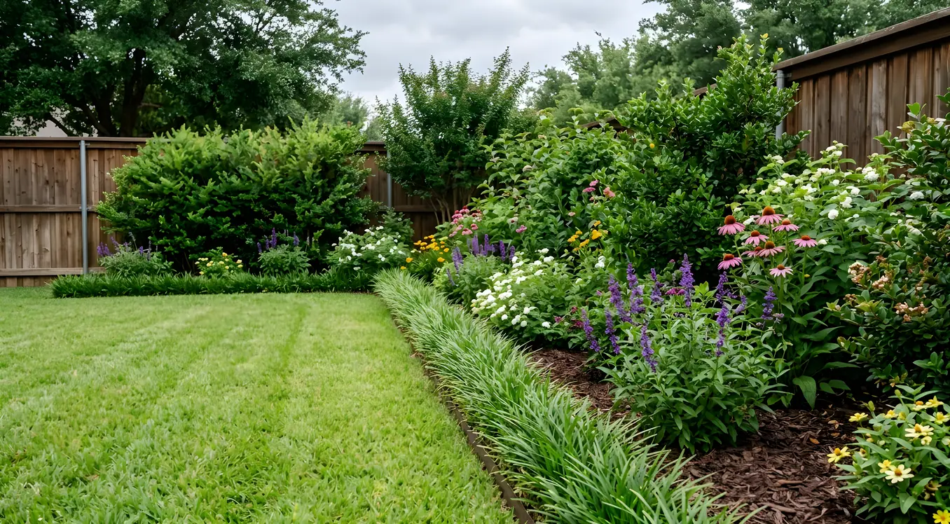 Flowering garden bed with coneflowers and salvia bordering a mowed lawn along a wood fence