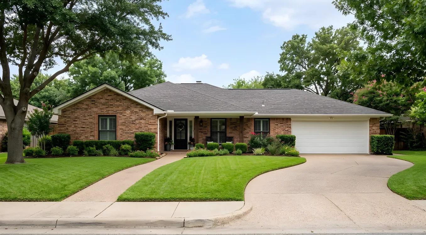 Tidy brick home with a healthy green front lawn, trimmed shrubs, and a curved driveway