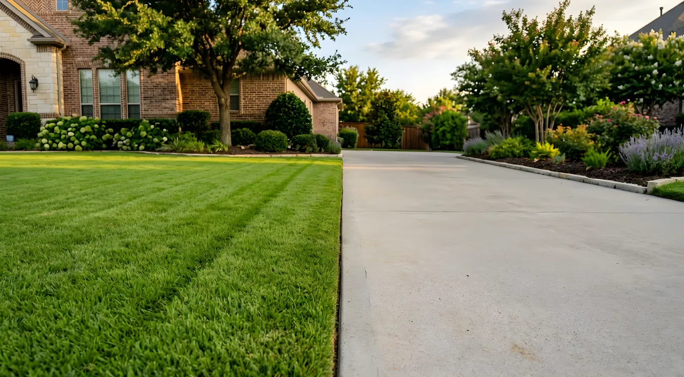 Mowed lawn edge along a driveway with hydrangea shrubs beside a brick home in evening light