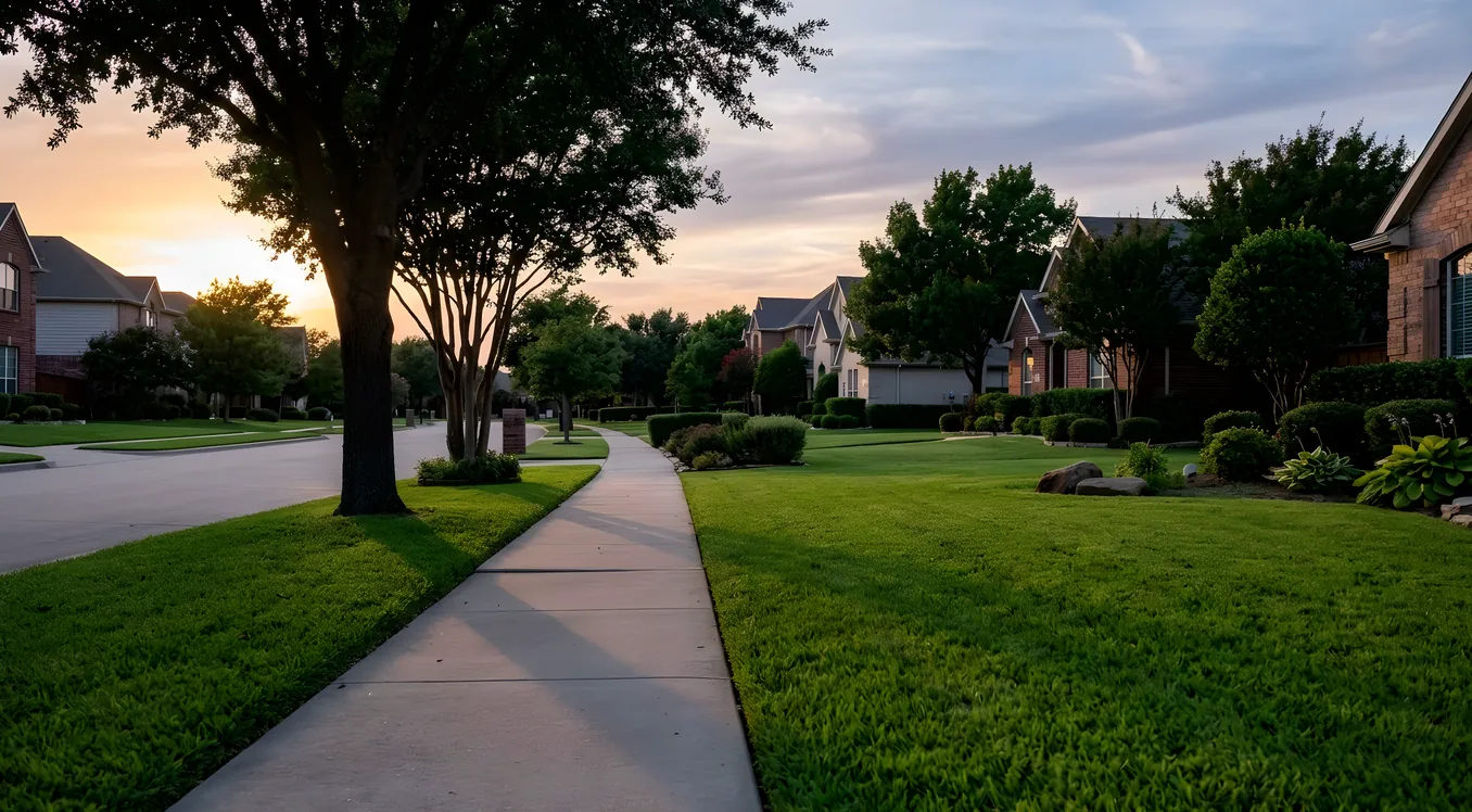 Neighborhood sidewalk and lawns at dusk with a large tree silhouette and sunset sky