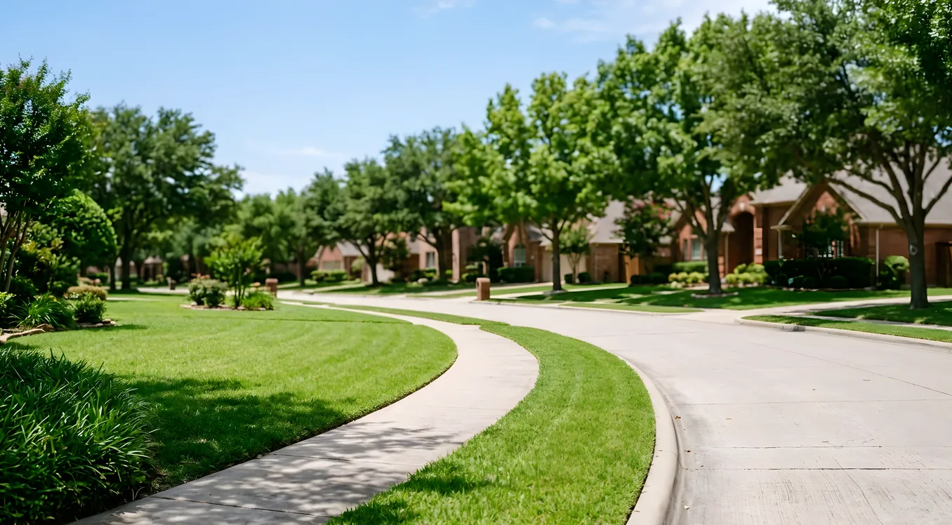 Curving sidewalk through a neighborhood with green lawns and brick homes in soft daylight