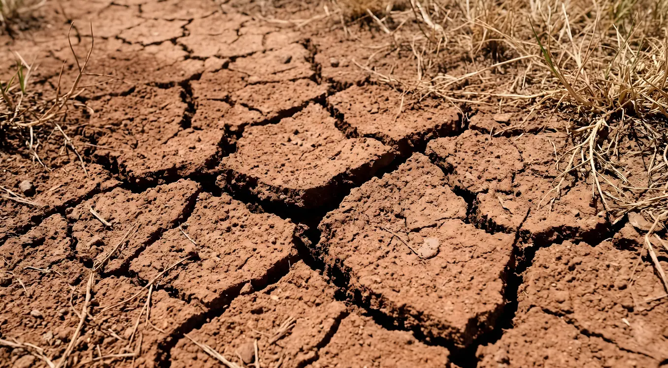 Deeply cracked reddish brown clay soil with sparse dry grass at the edges in bright sun