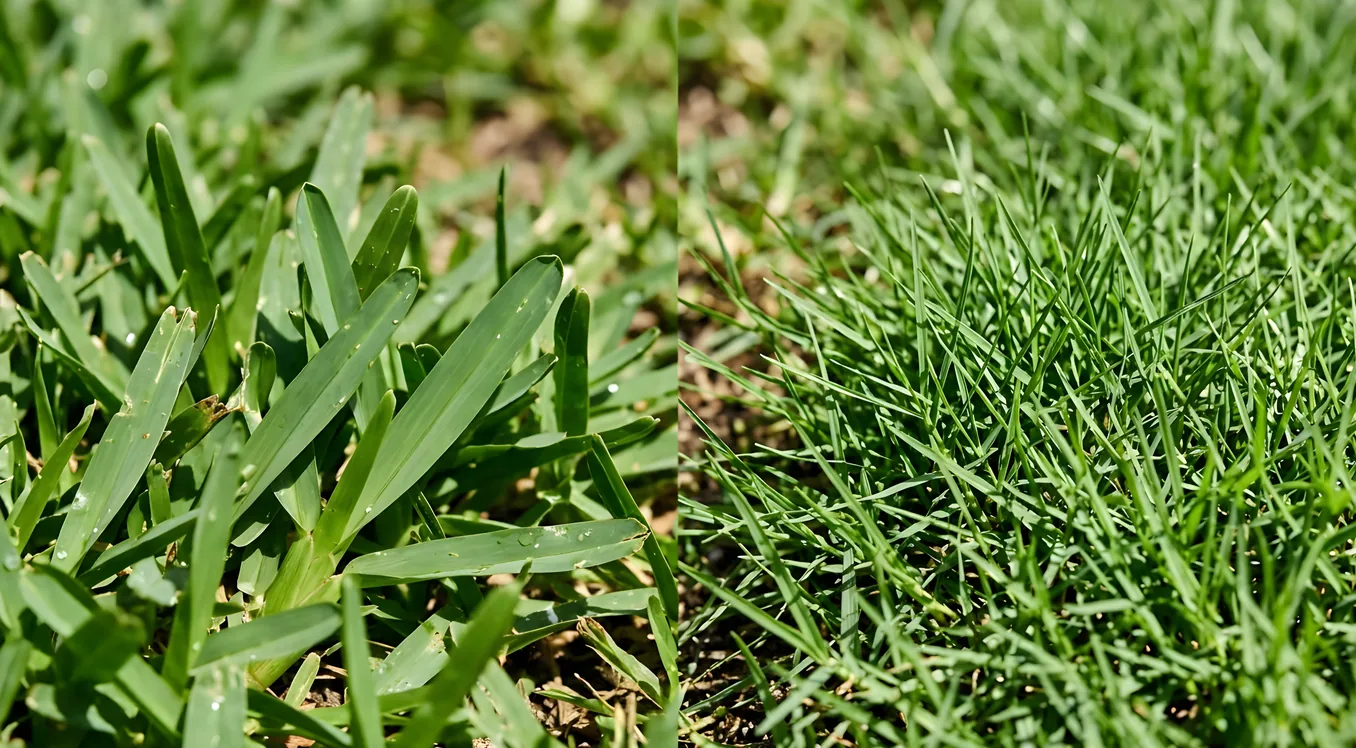 Side by side close-up comparing broad bladed grass and fine bladed grass textures