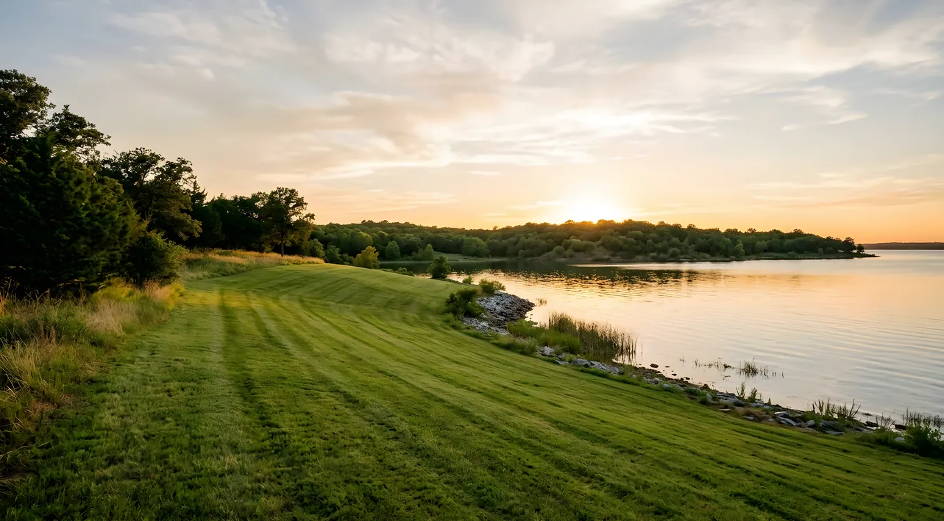 Mowed lawn sloping down to a calm lake shoreline at golden hour with trees in the distance