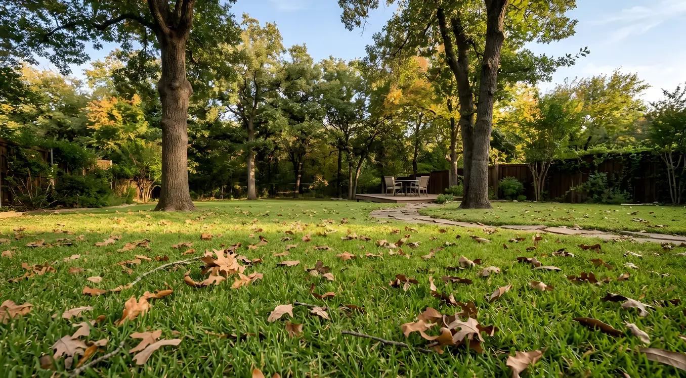 Backyard lawn scattered with fallen autumn leaves near a patio table under large shade trees