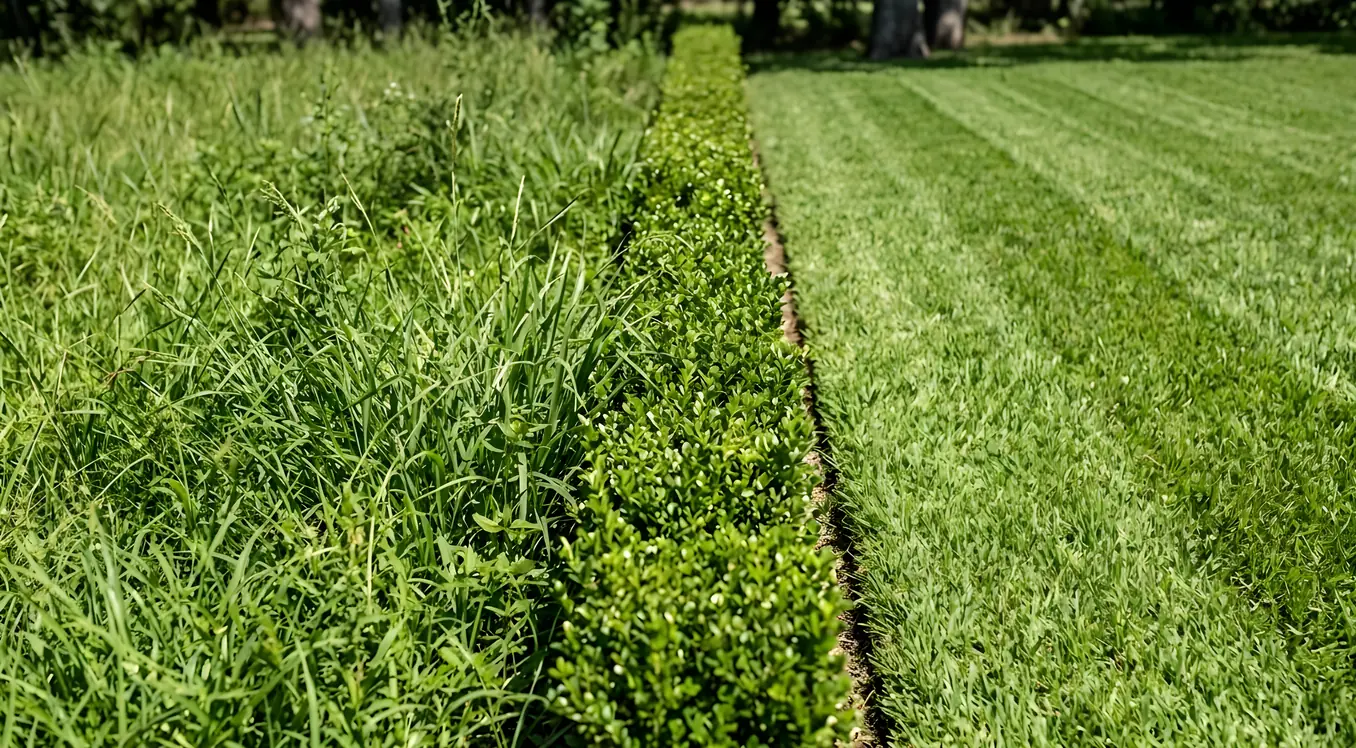 Overgrown shaggy grass beside a trimmed hedge next to a neatly mowed lawn