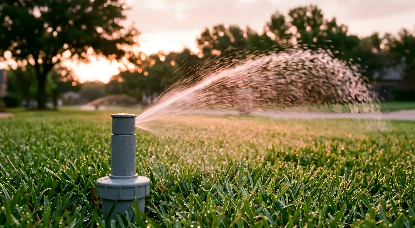 Sprinkler head spraying a water arc over green grass at dawn with a soft pink sky