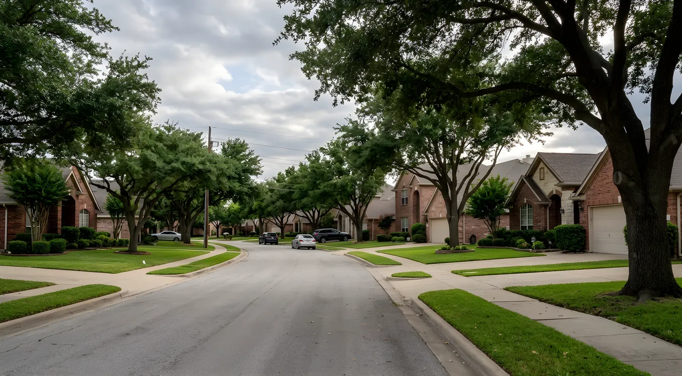 Residential street with brick homes, mature oak trees, and mowed lawns under a cloudy sky