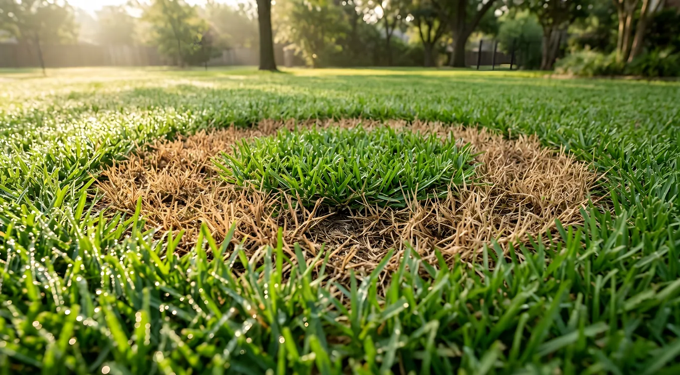 Circular ring of brown dead grass surrounding a patch of healthy green turf with morning dew