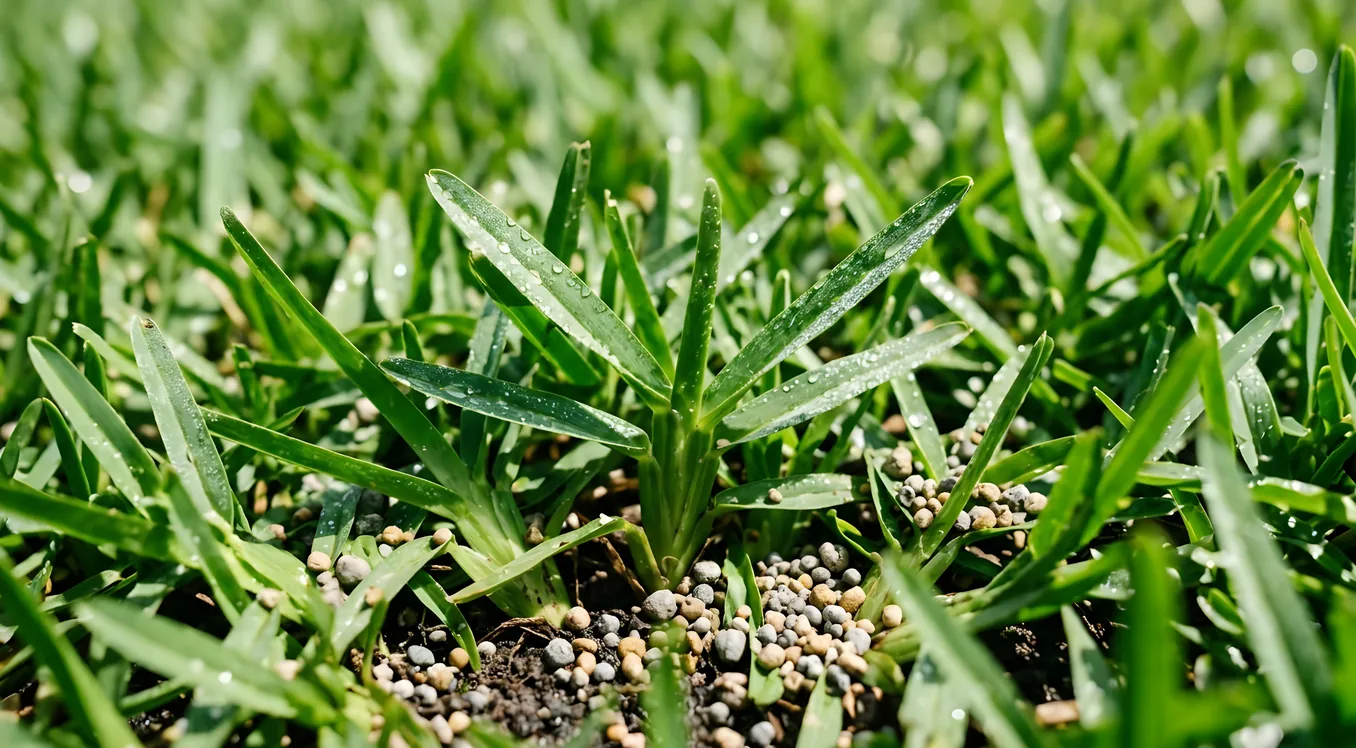 Close-up of granular fertilizer pellets scattered among dew covered grass blades