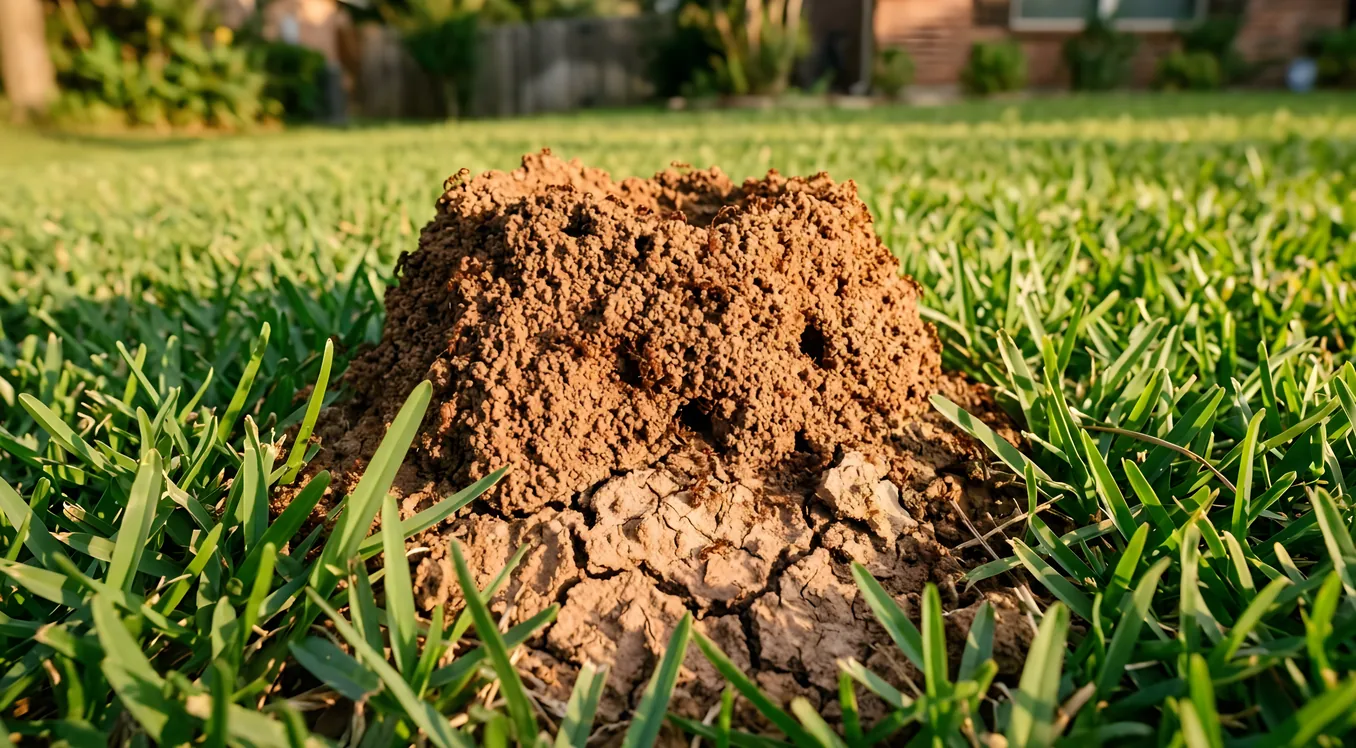 Reddish brown fire ant mound rising from green lawn with a fenced yard in the background