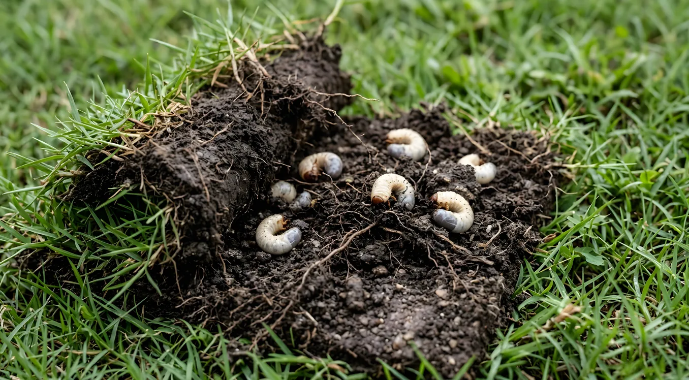 Lifted patch of sod revealing white grubs curled in dark soil among grass roots