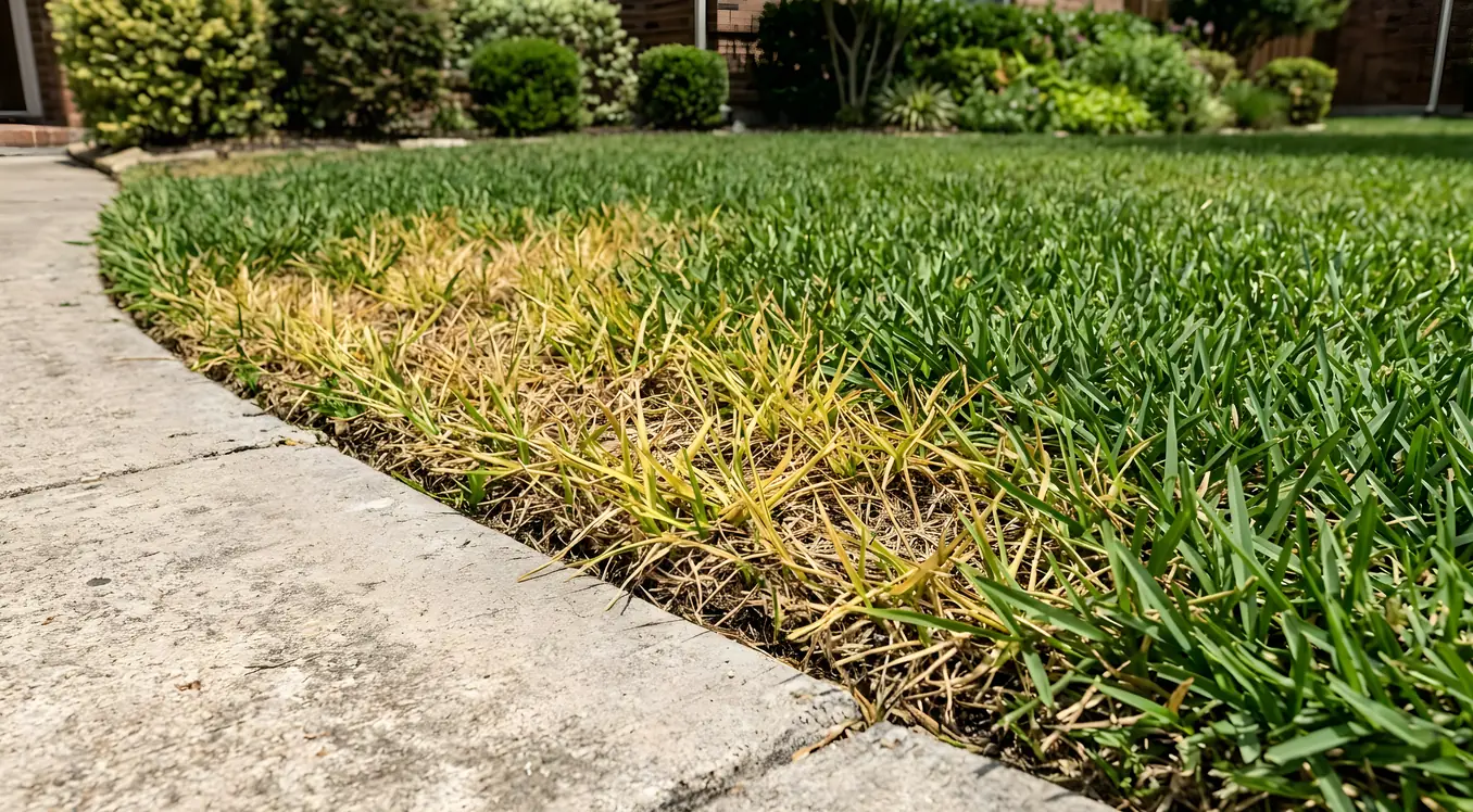 Patch of yellowing thinning grass near a sidewalk edge contrasting with healthy green turf