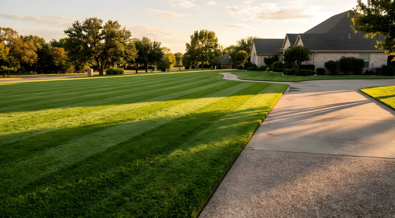 Freshly mowed lawn with crisp striping pattern beside a driveway in golden evening light