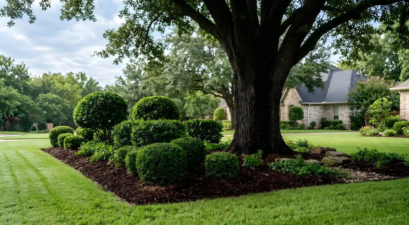 Trimmed round shrubs and a large oak tree trunk in a mulched bed beside the lawn
