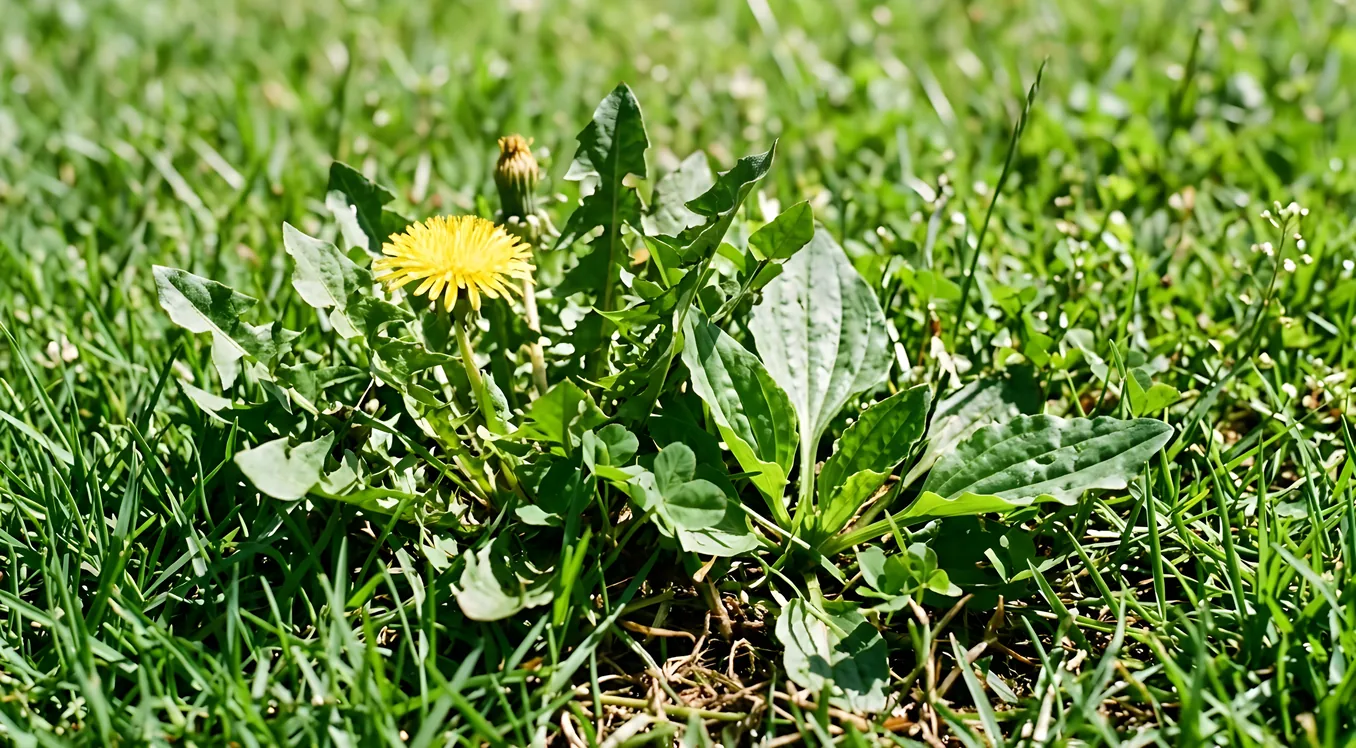 Blooming yellow dandelion and broadleaf weeds growing among green grass in bright sunlight