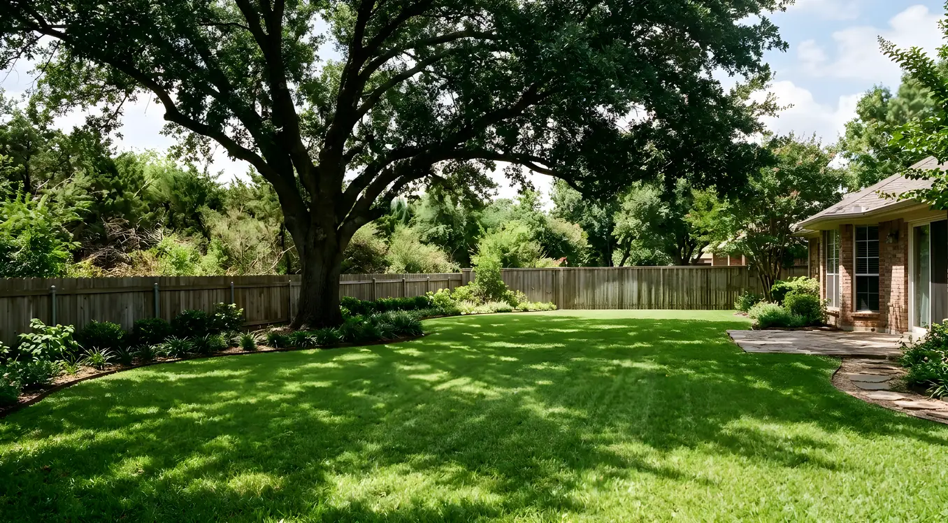 Shaded backyard lawn beneath a large oak tree beside a wood fence and brick home